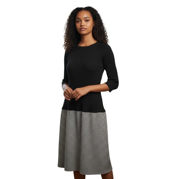 Theory‎ Black Knit Houndstooth Dress Sz M Womens Career Professional Preppy